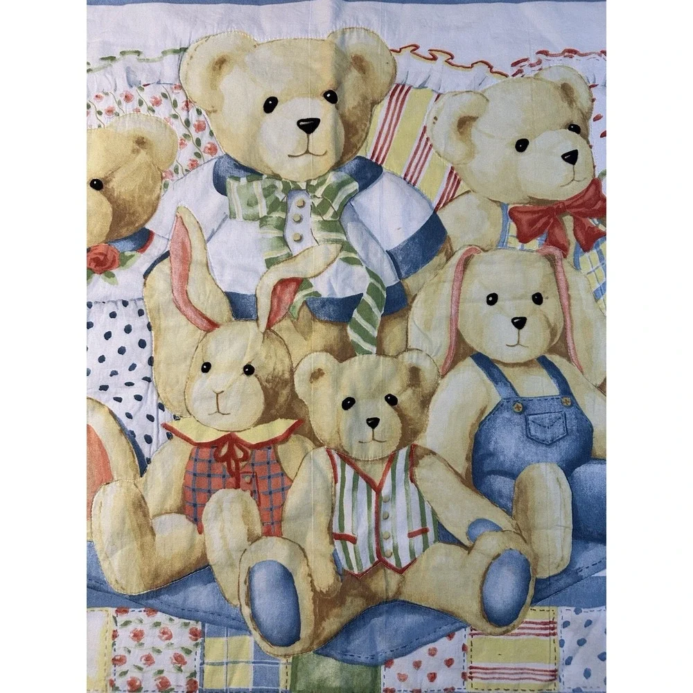 Teddy Bear Family & Rabbits Baby Crib Quilt Finished Unisex‎ Handmade 50x38